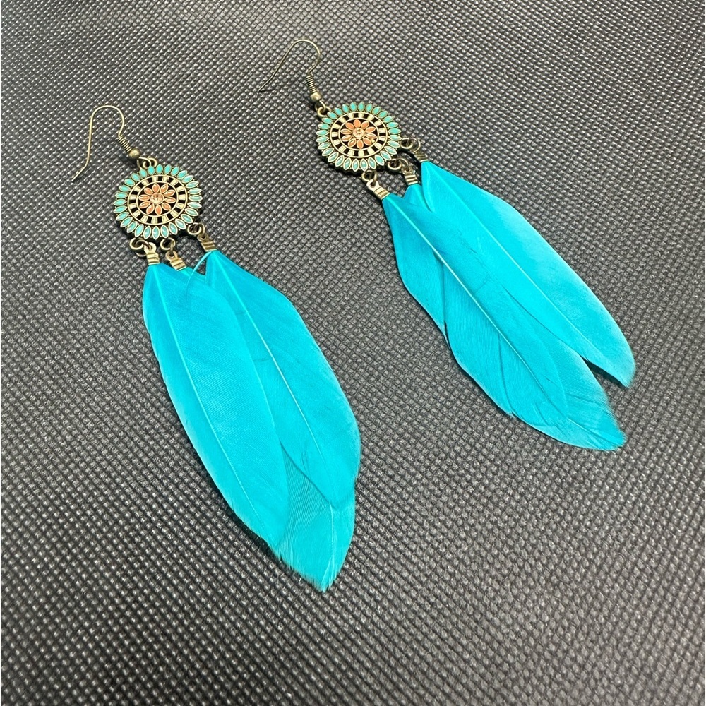 ✨💎 Bohemian Chic Turquoise Feather Dangle Earrings | Festival Statement Jewelry🩵 - Picture 8 of 16